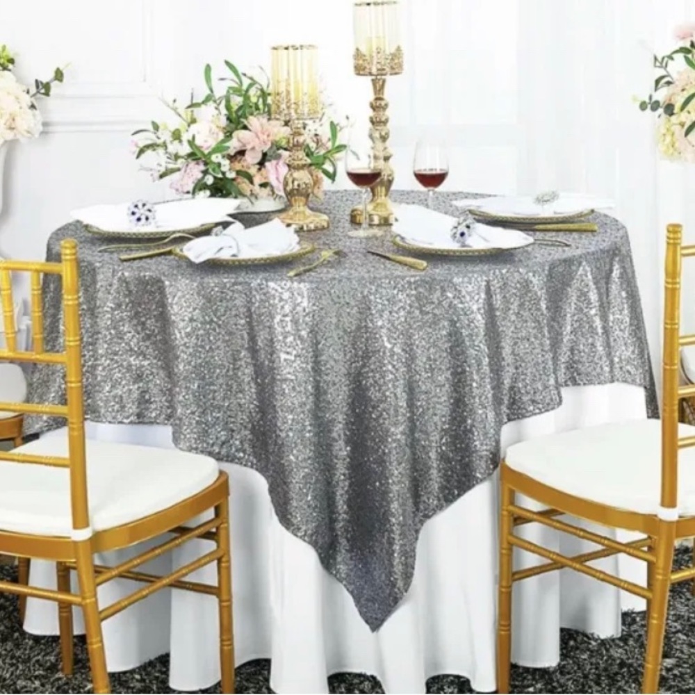 Dark Silver Gray Pewter Sequin Tablecloth Linen Covering Square Overlay 50x50”